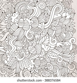 Cartoon hand-drawn doodles on the subject of Easter theme pattern. Line art  detailed, with lots of objects vector background