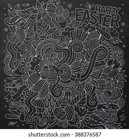 Cartoon hand-drawn doodles on the subject of Easter theme pattern. Chalkboard detailed, with lots of objects vector background