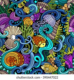 Cartoon hand-drawn doodles on the subject of under water life theme seamless pattern. Colorful detailed, with lots of objects vector background