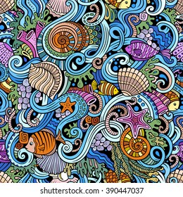 Cartoon hand-drawn doodles on the subject of under water life theme seamless pattern. Colorful detailed, with lots of objects vector background