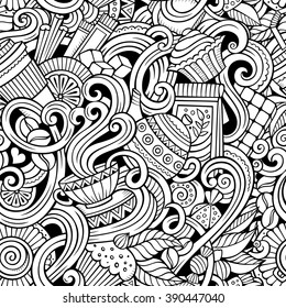 Cartoon hand-drawn doodles on the subject of cafe, coffee shop theme seamless pattern. Line art sketchy detailed, with lots of objects vector background