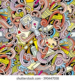 Cartoon hand-drawn doodles on the subject of Design and art theme seamless pattern. Colorful detailed, with lots of objects vector background