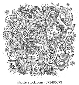 Cartoon hand-drawn doodles on the subject of Easter theme pattern. Line art  detailed, with lots of objects vector background