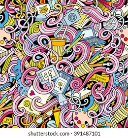Cartoon hand-drawn doodles on the subject of Design and art theme seamless pattern. Colorful detailed, with lots of objects vector background