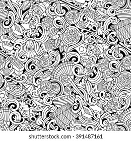 Cartoon hand-drawn doodles on the subject of japanese cuisine theme seamless pattern. Line art detailed, with lots of objects vector background