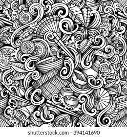 Cartoon hand-drawn doodles on the subject of japanese cuisine theme seamless pattern. Line art trace detailed, with lots of objects vector background