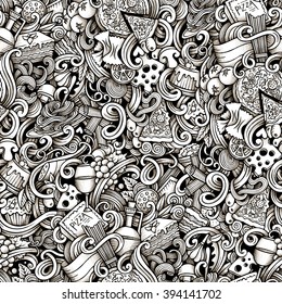 Cartoon hand-drawn doodles on the subject of Italian cuisine theme seamless pattern. Line art trace detailed, with lots of objects vector background
