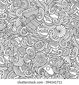 Cartoon hand-drawn doodles on the subject of japanese cuisine theme seamless pattern. Line art detailed, with lots of objects vector background