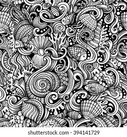 Cartoon hand-drawn doodles on the subject of under water life theme seamless pattern. Trace line art detailed, with lots of objects vector background