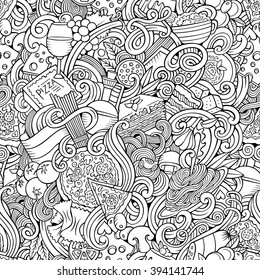 Cartoon hand-drawn doodles on the subject of Italian cuisine theme seamless pattern. Line art detailed, with lots of objects vector background