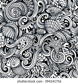 Cartoon hand-drawn doodles on the subject of under water life theme seamless pattern. Trace line art detailed, with lots of objects vector background