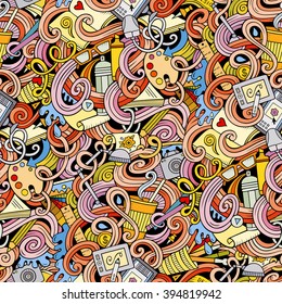 Cartoon hand-drawn doodles on the subject of Design and art theme seamless pattern. Colorful detailed, with lots of objects vector background