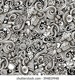 Cartoon hand-drawn doodles on the subject holidays, birthday theme seamless pattern. Line art trace detailed, with lots of objects vector background