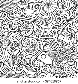 Cartoon hand-drawn doodles on the subject of japanese cuisine theme seamless pattern. Line art detailed, with lots of objects vector background