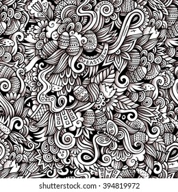 Cartoon hand-drawn doodles on the subject of Easter theme seamless pattern. Line art trace detailed, with lots of objects vector background