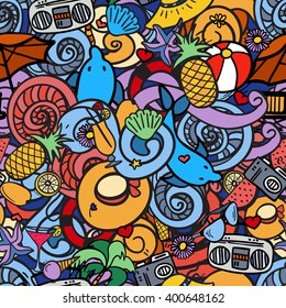 Cartoon hand-drawn doodles on the subject of summer holidays theme seamless pattern. Vector colorful background for web, mobile and print.