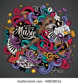 Cartoon hand-drawn doodles on the subject of Musical illustration. Colorful detailed, with lots of objects vector background