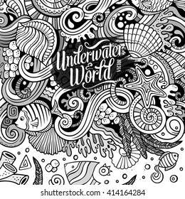 Cartoon hand-drawn doodles on the subject of Underwater life illustration. Line art detailed, with lots of objects vector background