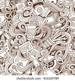 Cartoon hand-drawn doodles on the subject of Design and art theme seamless pattern. Line art detailed, with lots of objects vector background