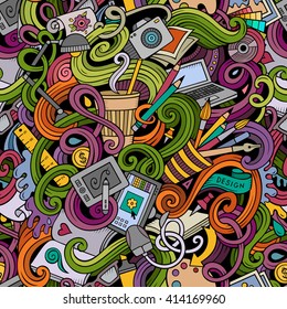 Cartoon hand-drawn doodles on the subject of Design and art theme seamless pattern. Colorful detailed, with lots of objects vector background