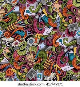 Cartoon hand-drawn doodles on the subject of Design and art theme seamless pattern. Colorful detailed, with lots of objects vector background