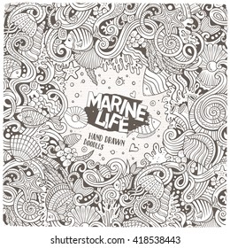 Cartoon hand-drawn doodles on the subject of Underwater life frame border. Line art detailed, with lots of objects vector background