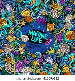 Cartoon hand-drawn doodles on the subject of Underwater life frame border. Colorful detailed, with lots of objects vector background
