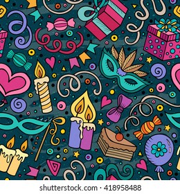 Cartoon hand-drawn doodles on the subject holidays, birthday theme seamless pattern. Colorful detailed, with lots of objects vector background