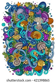 Cartoon hand-drawn doodles on the subject of Underwater life illustration. Colorful detailed, with lots of objects vector background