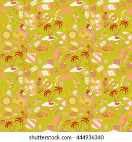 Cartoon hand-drawn doodles on the subject of summer holidays theme seamless pattern. Vector colorful background for web, mobile and print.