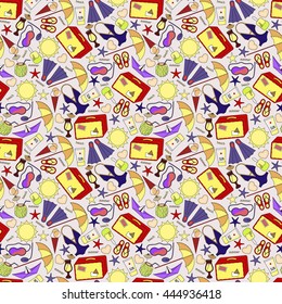 Cartoon hand-drawn doodles on the subject of summer holidays theme seamless pattern. Vector colorful background for web, mobile and print.