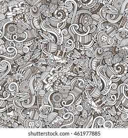 Cartoon hand-drawn doodles on the subject of Africa style theme seamless pattern. Line art vector background