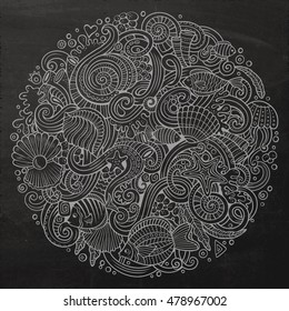 Cartoon hand-drawn doodles on the subject of Underwater life illustration. Line art chalkboard detailed, with lots of objects vector background