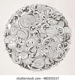 Cartoon hand-drawn doodles on the subject of Underwater life illustration. Line art detailed, with lots of objects vector background
