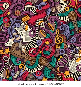 Cartoon hand-drawn doodles on the subject of music style theme seamless pattern. Vector color background