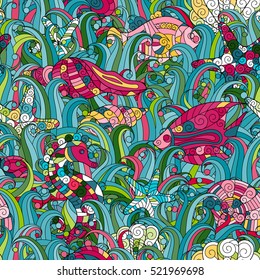 Cartoon hand-drawn doodles on the subject of under water life theme seamless pattern. Colorful detailed, with lots of objects vector background