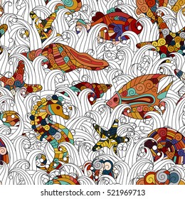 Cartoon hand-drawn doodles on the subject of under water life theme seamless pattern. Colorful detailed, with lots of objects vector background