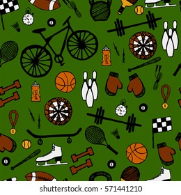 Cartoon hand-drawn doodles on the subject of sports style theme seamless pattern. Vector colorful background