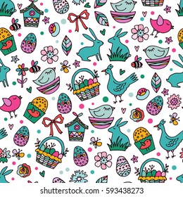 Cartoon hand-drawn doodles on the subject Easter theme seamless pattern. Line art sketch detailed, with lots of objects vector background