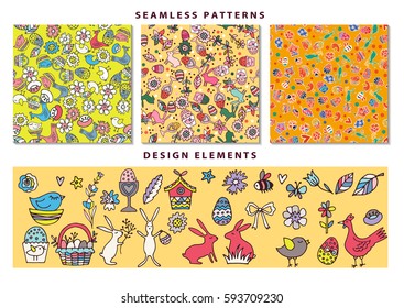 Cartoon hand-drawn doodles on the subject Easter theme seamless pattern. Line art sketch detailed, with lots of objects vector background