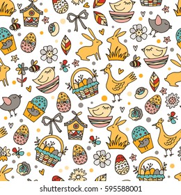 Cartoon hand-drawn doodles on the subject Easter theme seamless pattern. Line art sketch detailed, with lots of objects vector background
