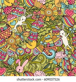 Cartoon hand-drawn doodles on the subject Easter theme seamless pattern. Line art sketch detailed, with lots of objects vector background