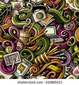 Cartoon hand-drawn doodles on the subject of Design and art theme seamless pattern. Colorful detailed, with lots of objects vector background