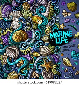 Cartoon hand-drawn doodles on the subject of Underwater life frame border. Colorful detailed, with lots of objects vector background