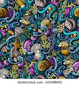 Cartoon hand-drawn doodles on the subject of under water life theme seamless pattern. Colorful detailed, with lots of objects vector background