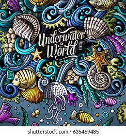 Cartoon hand-drawn doodles on the subject of Underwater life frame border. Colorful detailed, with lots of objects vector background