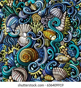 Cartoon hand-drawn doodles on the subject of under water life theme seamless pattern. Colorful detailed, with lots of objects vector background