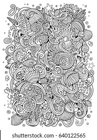 Cartoon hand-drawn doodles on the subject of Underwater life illustration. Line art detailed, with lots of objects vector background