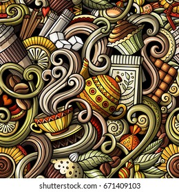 Cartoon hand-drawn doodles on the subject of cafe, coffee shop theme seamless pattern. detailed, with lots of objects vector background