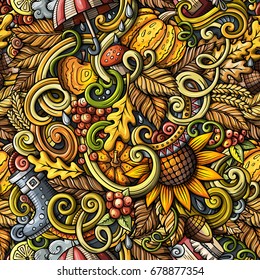 Cartoon hand-drawn doodles on the subject of Autumn theme seamless pattern. Colorful detailed, with lots of objects vector fall background